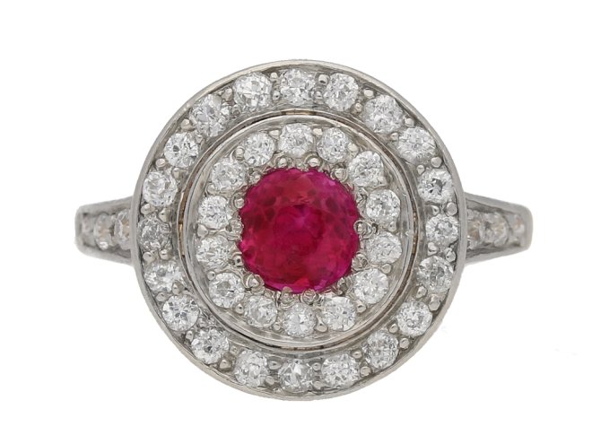 front view Ruby and diamond two row cluster ring, circa 1905. berganza hatton garden