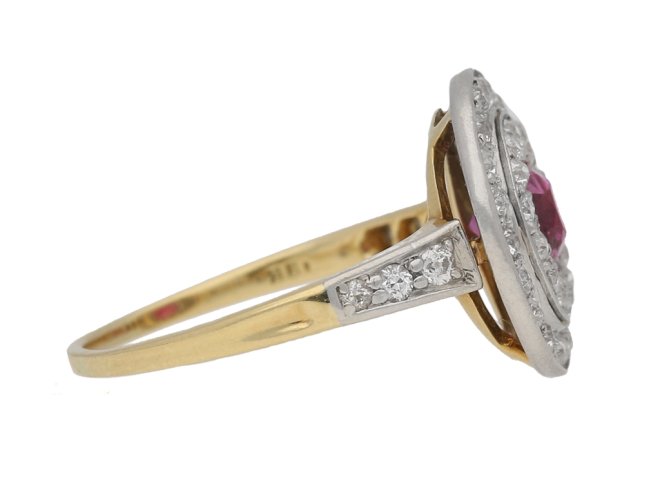 side view Ruby and diamond two row cluster ring, circa 1905. berganza hatton garden