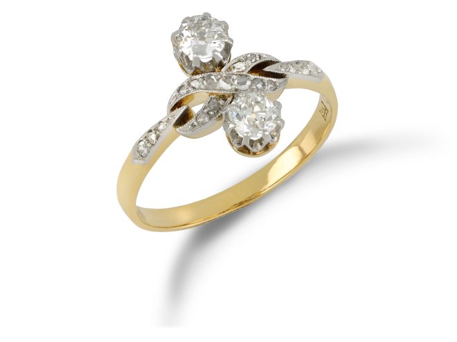 Edwardian diamond two stone ring, English, circa 1905.