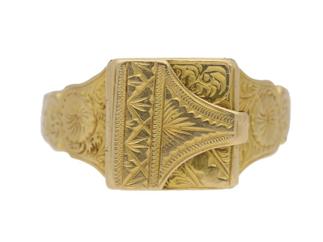 front view Gold locket ring, English, circa 1917. berganza hatton garden