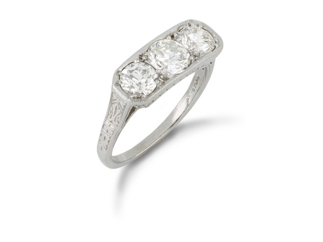 Art Deco three stone diamond ring, circa 1930.