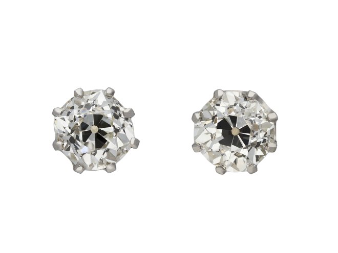 Old mine diamond stud earrings, circa 1905. Hatton Garden