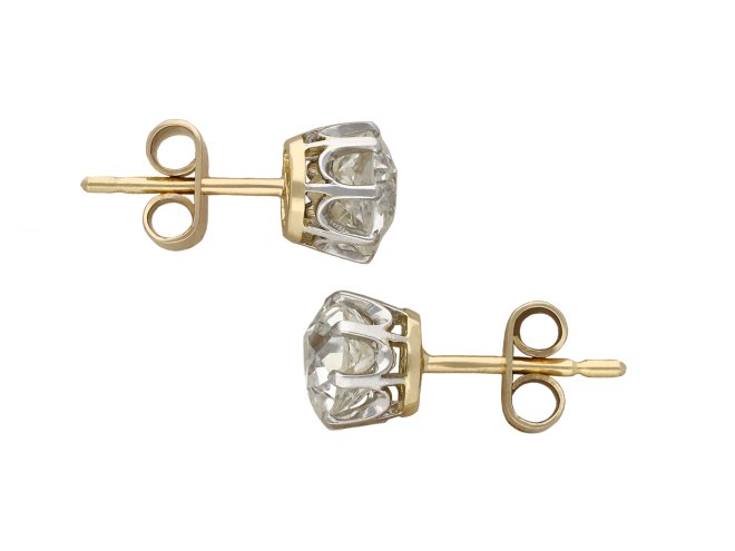 Old mine diamond stud earrings, circa 1905. Hatton Garden