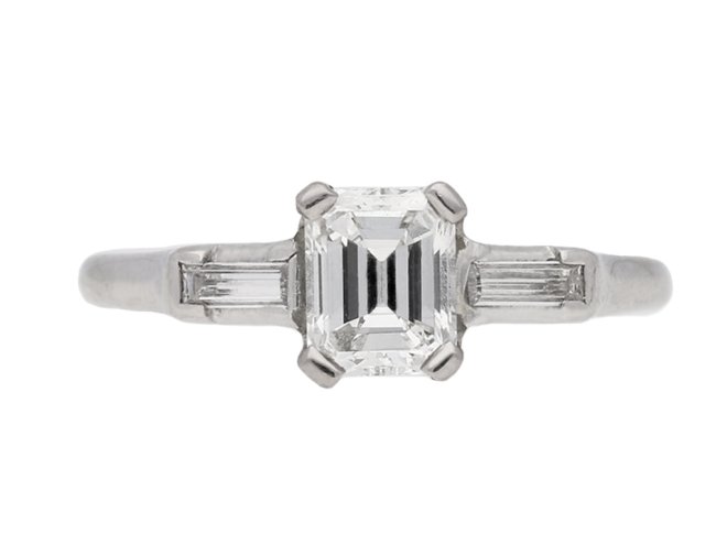  Emerald cut diamond with baguette diamond shoulders, circa 1950. berganza hatton garden