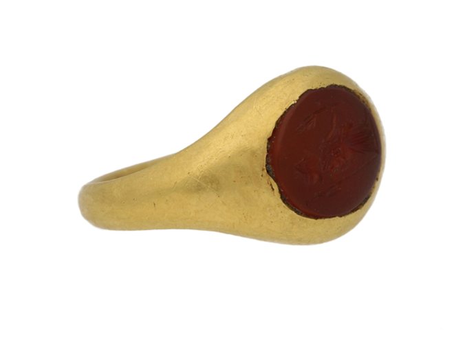 Ancient Roman cornelian Minerva intaglio ring, circa 2nd century AD. berganza hatton garden