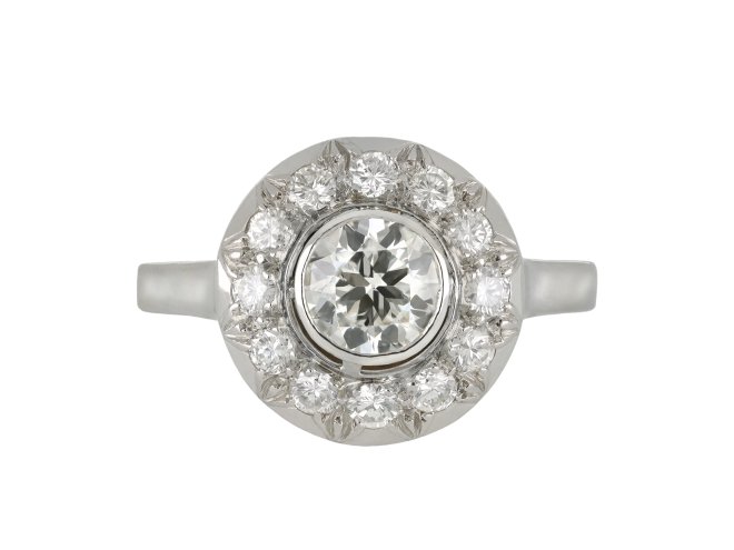 Diamond coronet cluster ring, French, circa 1950. 