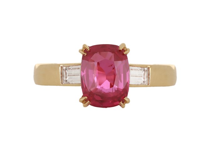 Mozambique ruby and diamond flanked solitaire ring, hatton garden