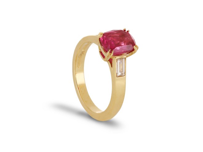 Mozambique ruby and diamond flanked solitaire ring, hatton garden