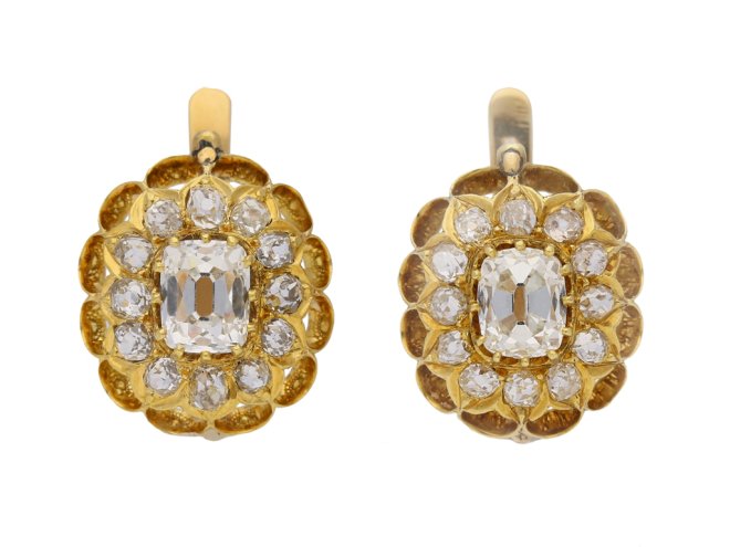 front view antique diamond cluster earrings berganza hatton garden