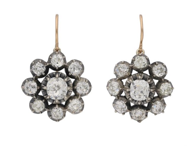 front view antique diamond cluster earrings berganza hatton garden