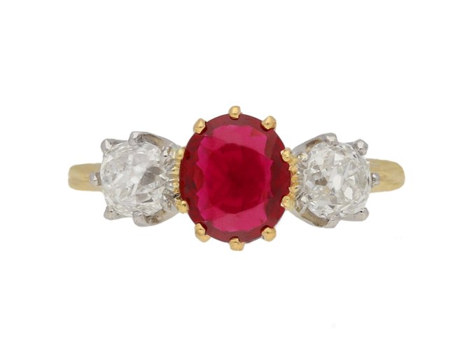 Burmese ruby diamond three stone ring berganza hatton garden