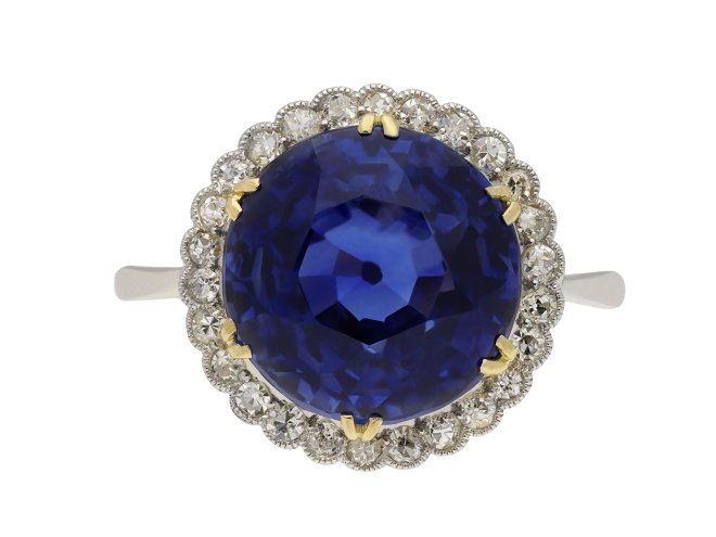 Ceylon sapphire and diamond coronet cluster ring hatton garden