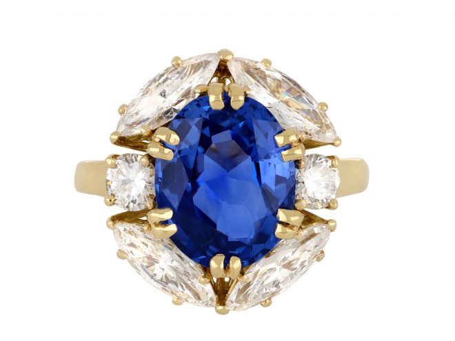 Vintage Ceylon sapphire and diamond cluster ring hatton garden