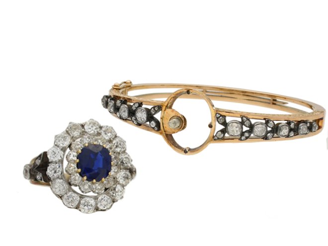 sapphire diamond cluster ring/bangleberganza hatton garden