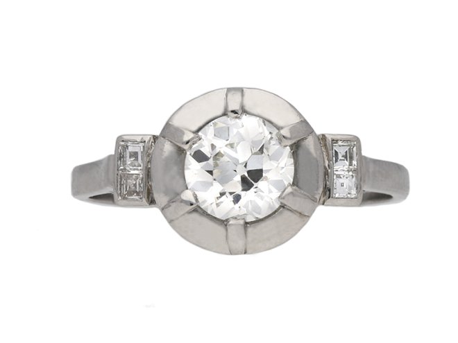 Art Deco diamond flanked solitaire ring berganza hatton garden