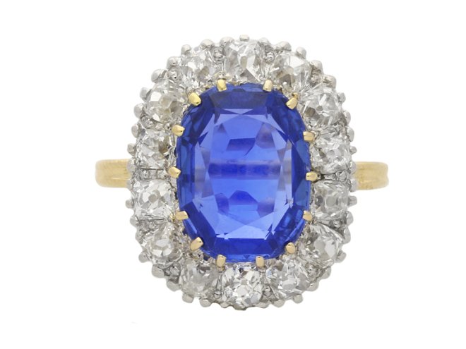 Edwardian Burmese sapphire and diamond cluster ring