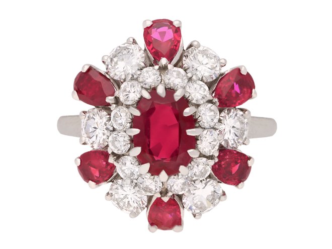 Vintage Burmese ruby and diamond cluster ring, circa 1970. Hatton Garden