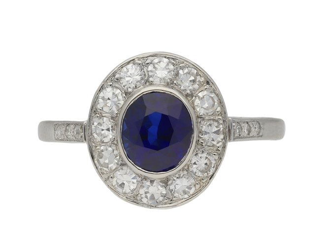 Sapphire and diamond cluster ring, circa 1920. Hatton Garden