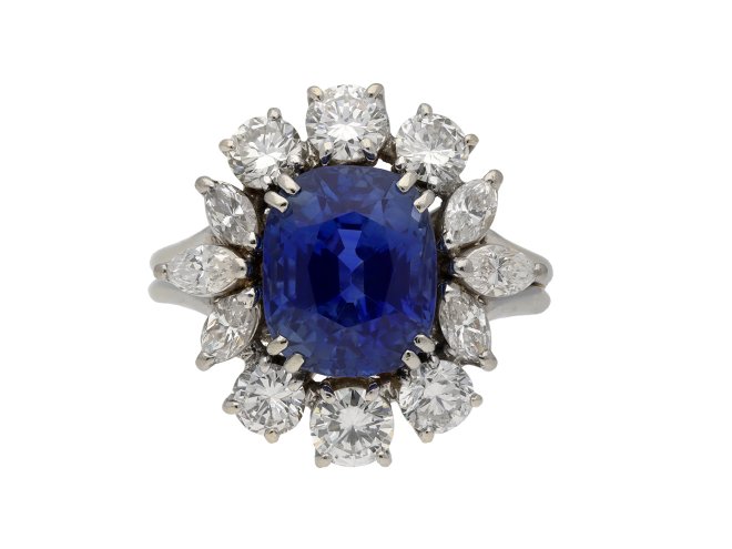 Ceylon sapphire and diamond cluster ring berganza hatton garden