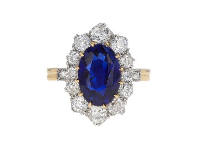 Ceylon Sapphire and diamond coronet cluster ring. hatton garden.