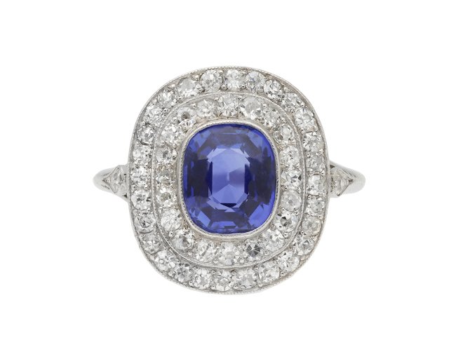 Ceylon sapphire and diamond cluster ring hatton garden