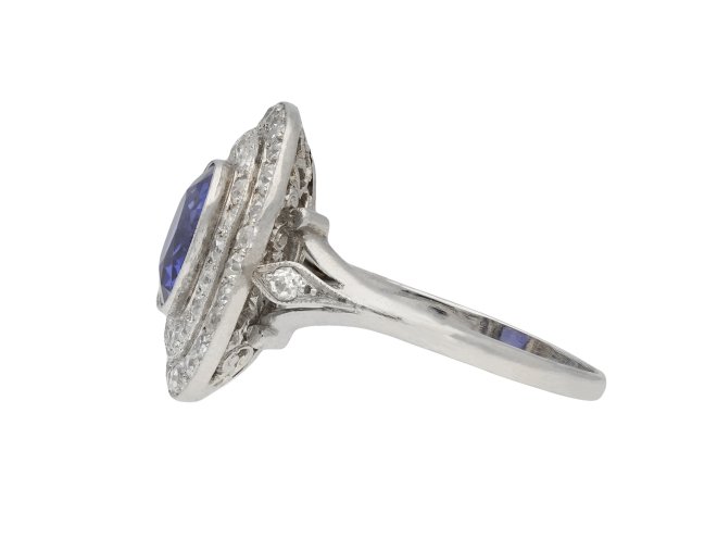 Ceylon sapphire and diamond cluster ring hatton garden