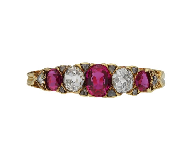 Burmese ruby and diamond five stone ring hatton garden