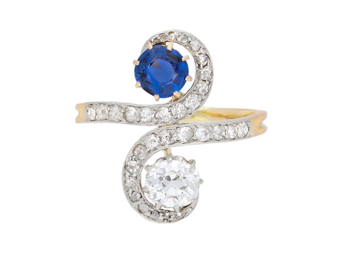 Burmese sapphire and diamond crossover ring, circa 1910. Hatton Garden