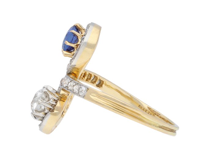 Burmese sapphire and diamond crossover ring, circa 1910. Hatton Garden