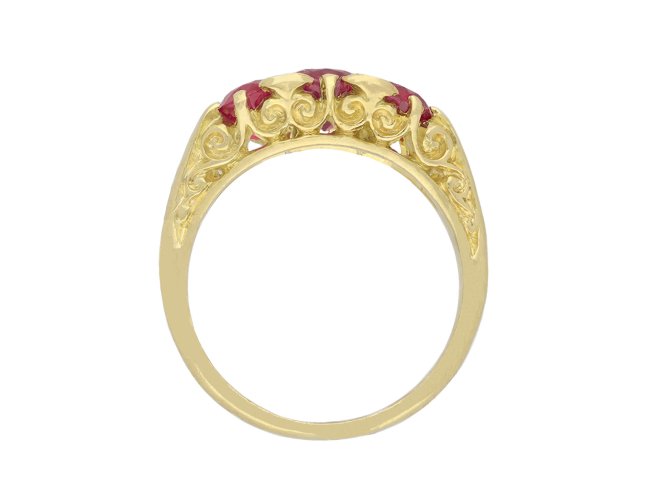 Victorian Burmese ruby and diamond three stone ring, circa 1890. Hatton Garden