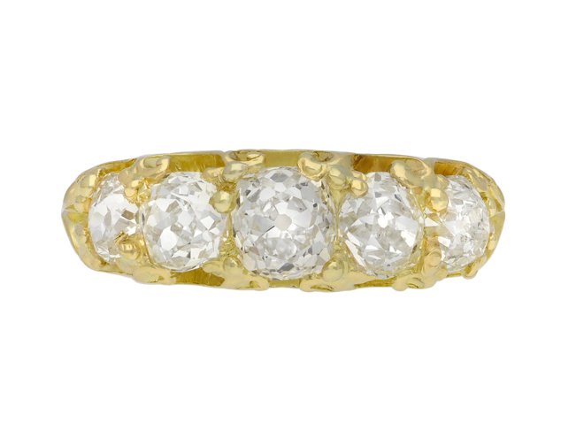 Victorian diamond five stone ring, circa 1900. Hatton Garden