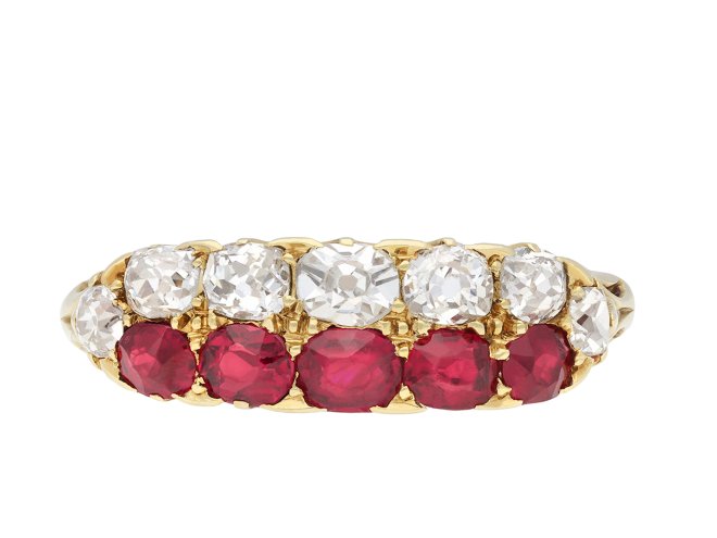 Victorian ruby and diamond two row ring, circa 1890. Hatton Garden