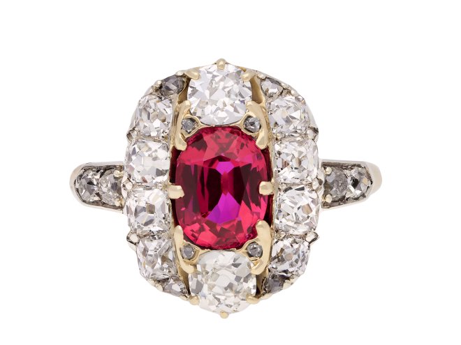 Victorian ruby and diamond cluster ring, circa 1890. Hatton Garden