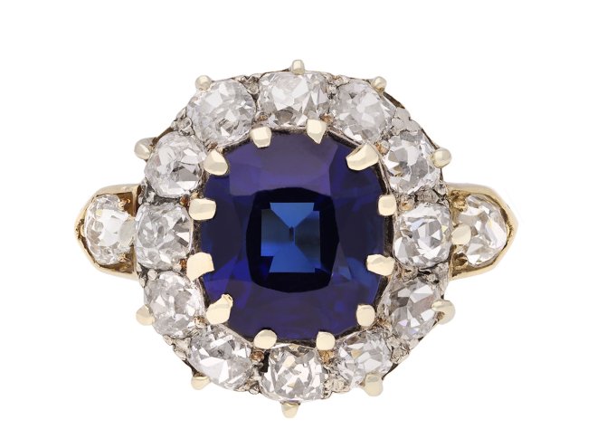 Sapphire and diamond coronet cluster ring, circa 1900. Hatton Garden