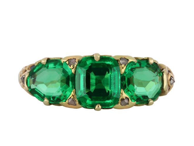 Colombian emerald three stone ring, circa 1890 hatton garden