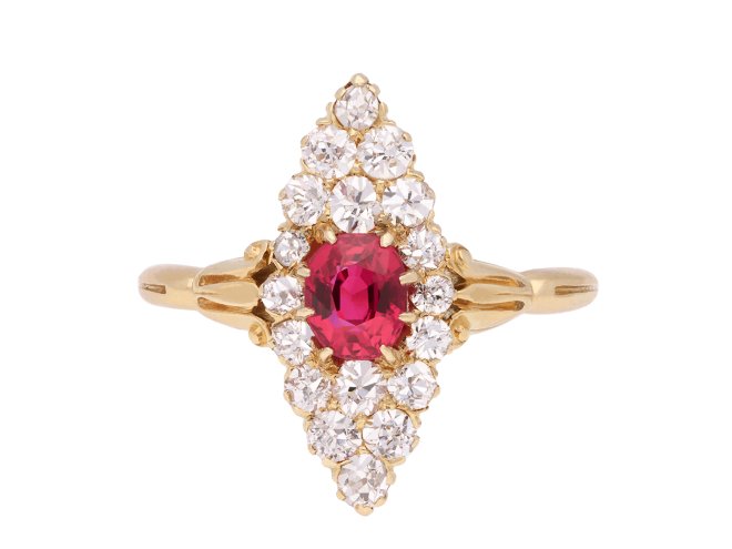 Burmese ruby and diamond marquise cluster ring, circa 1890. Hatton garden