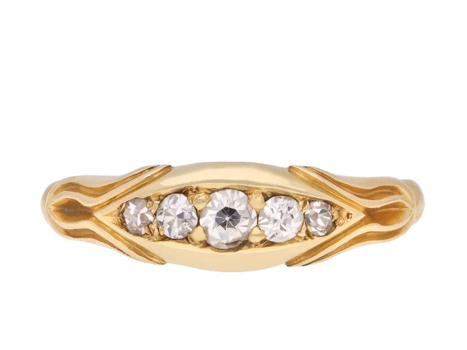 Edwardian old cut diamond five stone ring, English, 1905.Hatton Garden