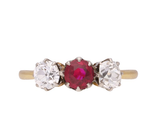 Burmese ruby and diamond three stone ring, circa 1905. Hatton Garden