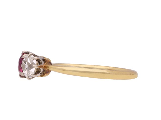 Burmese ruby and diamond three stone ring, circa 1905. Hatton Garden