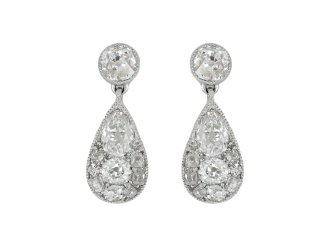 Diamond drop earrings, circa 1910.