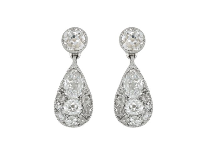 Diamond drop earrings, circa 1910. hatton garden