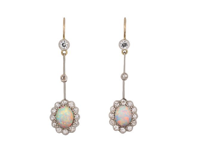 Edwardian Opal and Diamond drop earrings, circa 1915. Hatton Garden