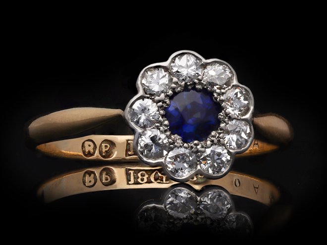 Edwardian Sapphire and Diamond Coronet Cluster Ring, Circa 1930. Hatton Garden