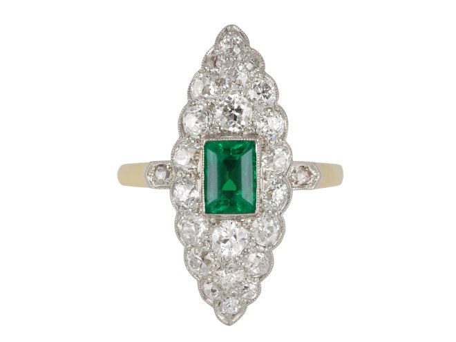 Colombian emerald and diamond marquise cluster ring hatton garden