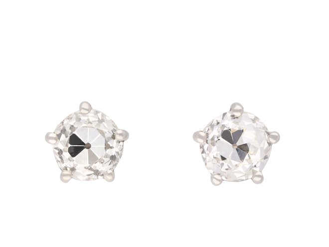 Old mine diamond stud earrings, circa 1930. Hatton Garden