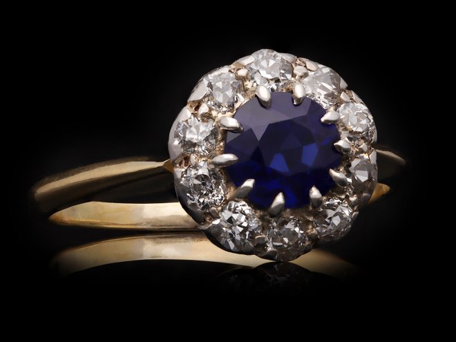 Victorian sapphire and diamond coronet cluster ring, circa 1890. Hatton Garden