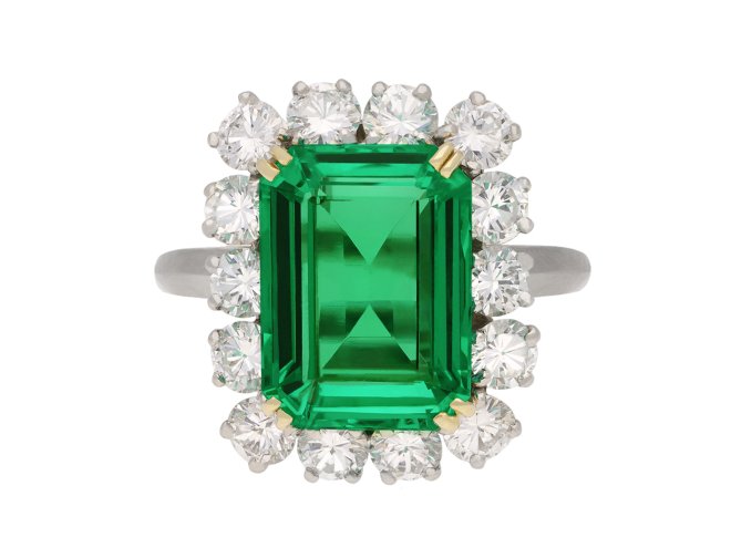 Colombian emerald and diamond coronet cluster ring, French