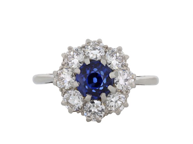 Ceylon sapphire and diamond coronet cluster ring hatton garden