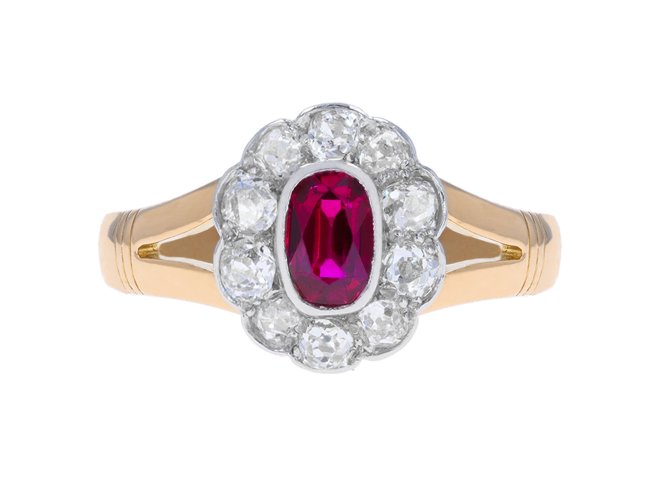 Edwardian ruby and diamond coronet cluster ring. hatton garden.