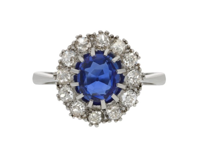 Sapphire and diamond coronet cluster ring, circa 1920. 